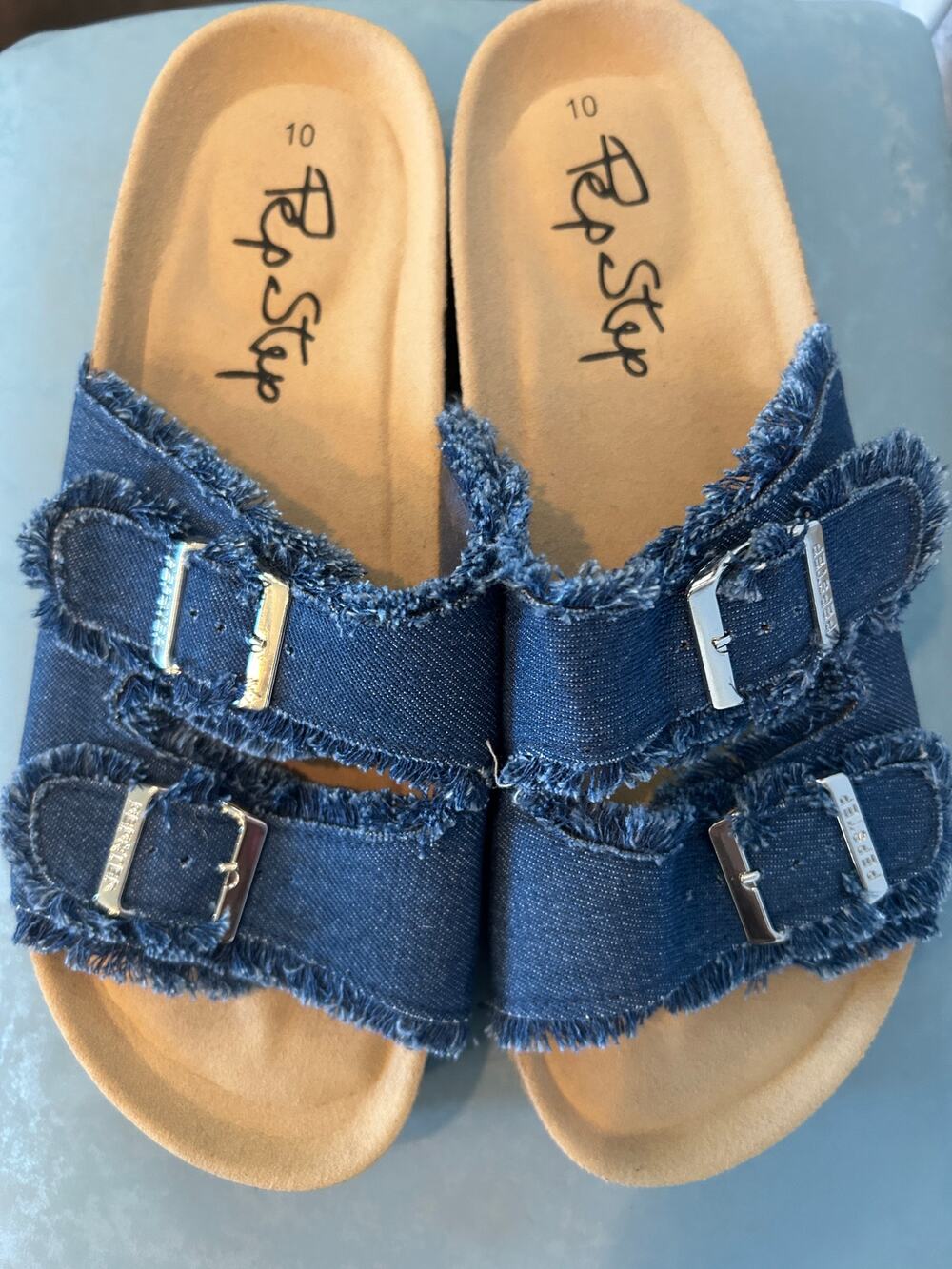 PepStep Womens Size 10 Denim Platform Sandals Frayed Double Buckle Slide NWOT